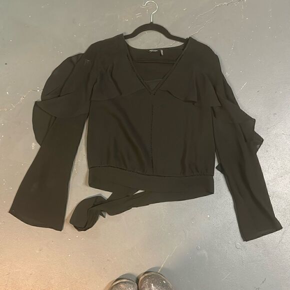 Black Sheer Marciano Bell Sleeve Ruffle Blouse - Picture 3 of 9